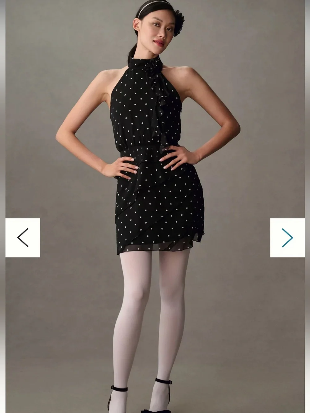 Maeve Dress - black/white polka dot “Maeve Halter Rosette Mini Dress”